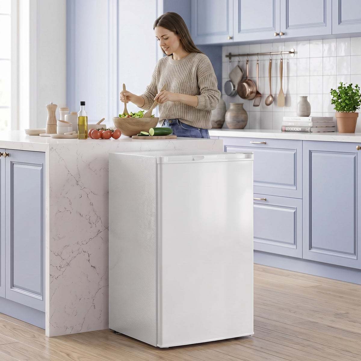 Mini-vriezer 85 L, compacte staande vriezer met omkeerbare deur en instelbare temperatuur, wit (2)