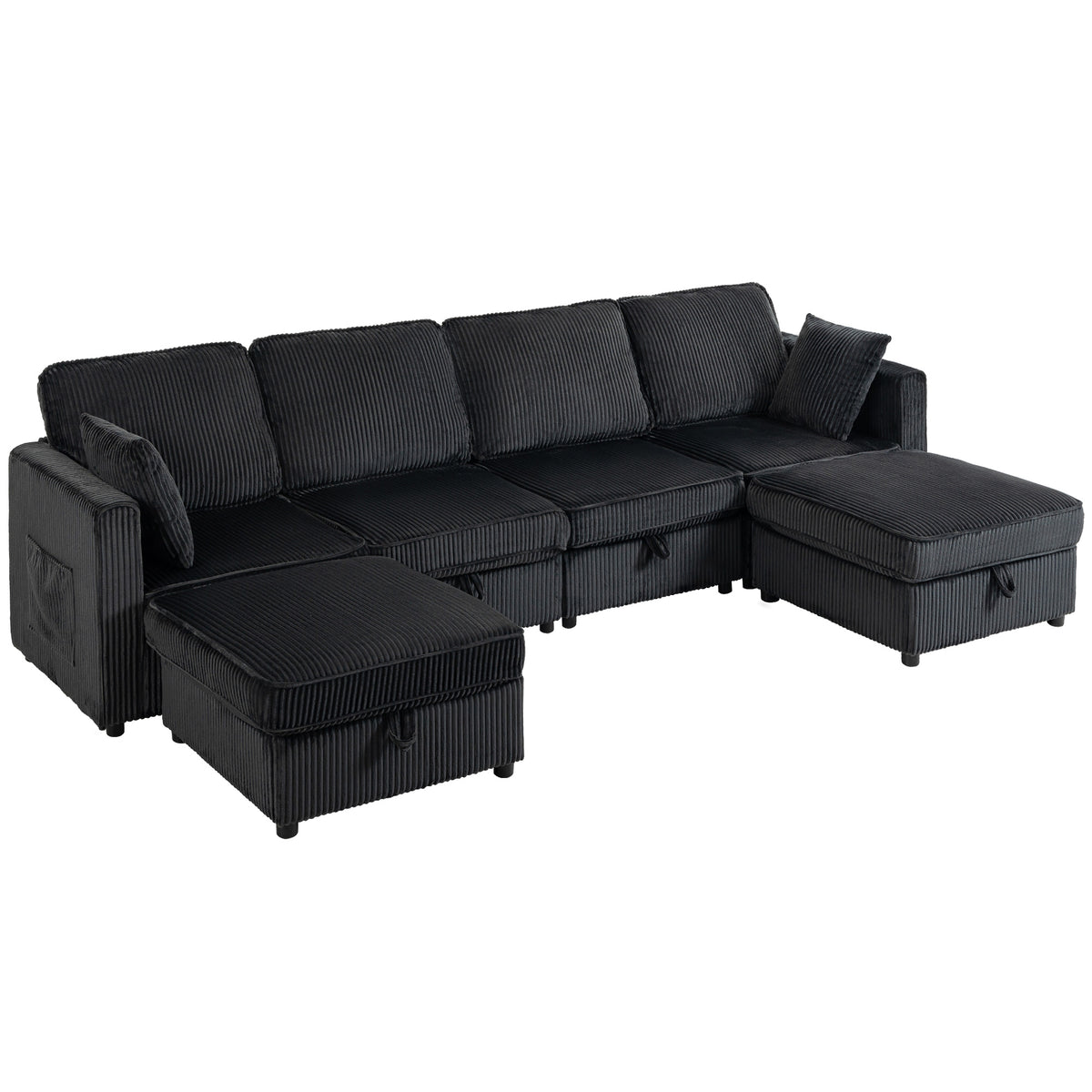 Hoekbank 4-zits U-vorm bank met opberg-ottomane, 306 cm hoekbank met ribfluweel-look, 4 kussens, voor woonkamer
