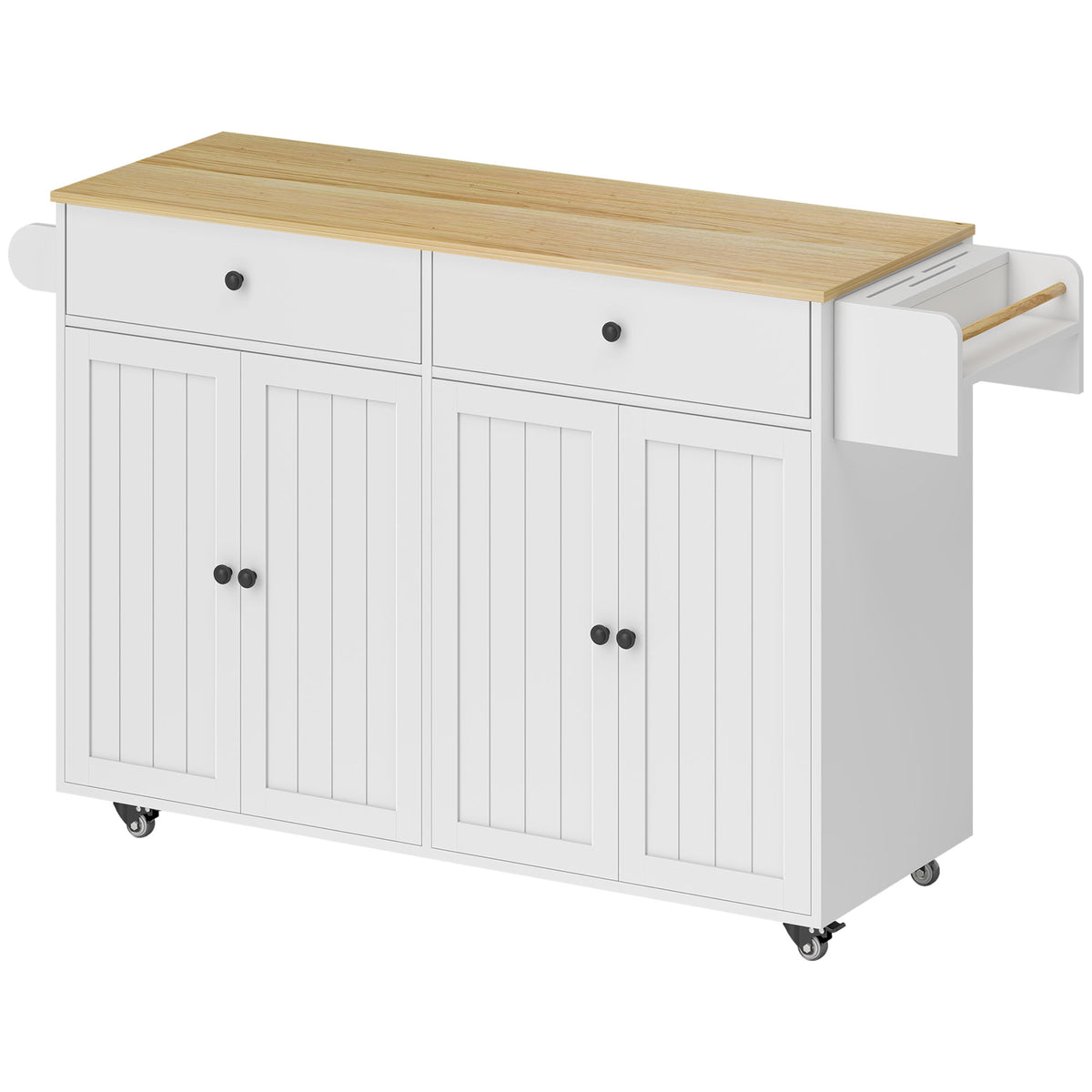 Verrijdbaar keukeneiland, 2 lades, 2 kastjes, verplaatsbaar, kruidenrek, handdoekhouder, messenhouder, MDF, wit