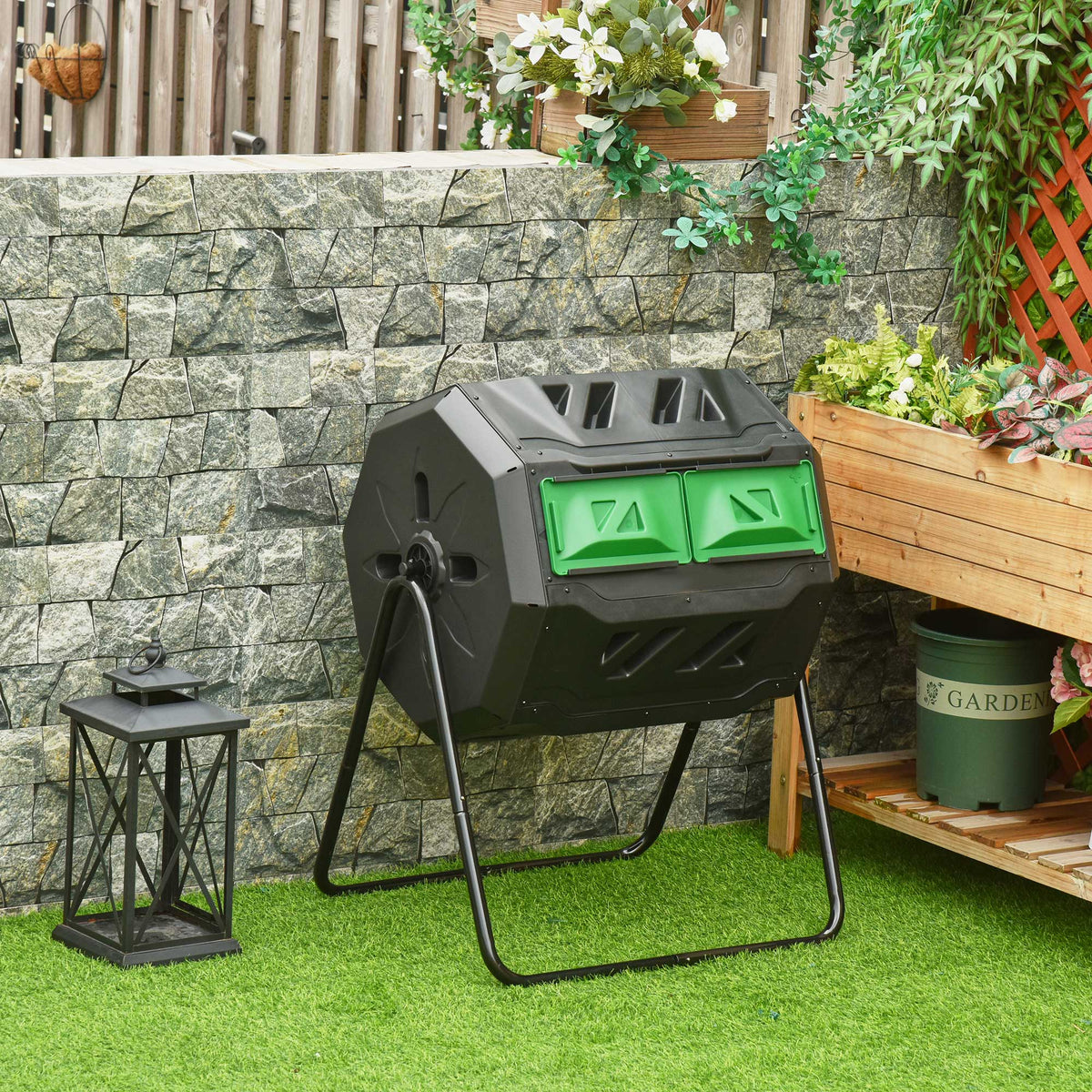 Compostbak met 2 compartimenten, 160 L inhoud, draaibaar, 71 cm x 65 cm x 96 cm, groen + zwart (2)