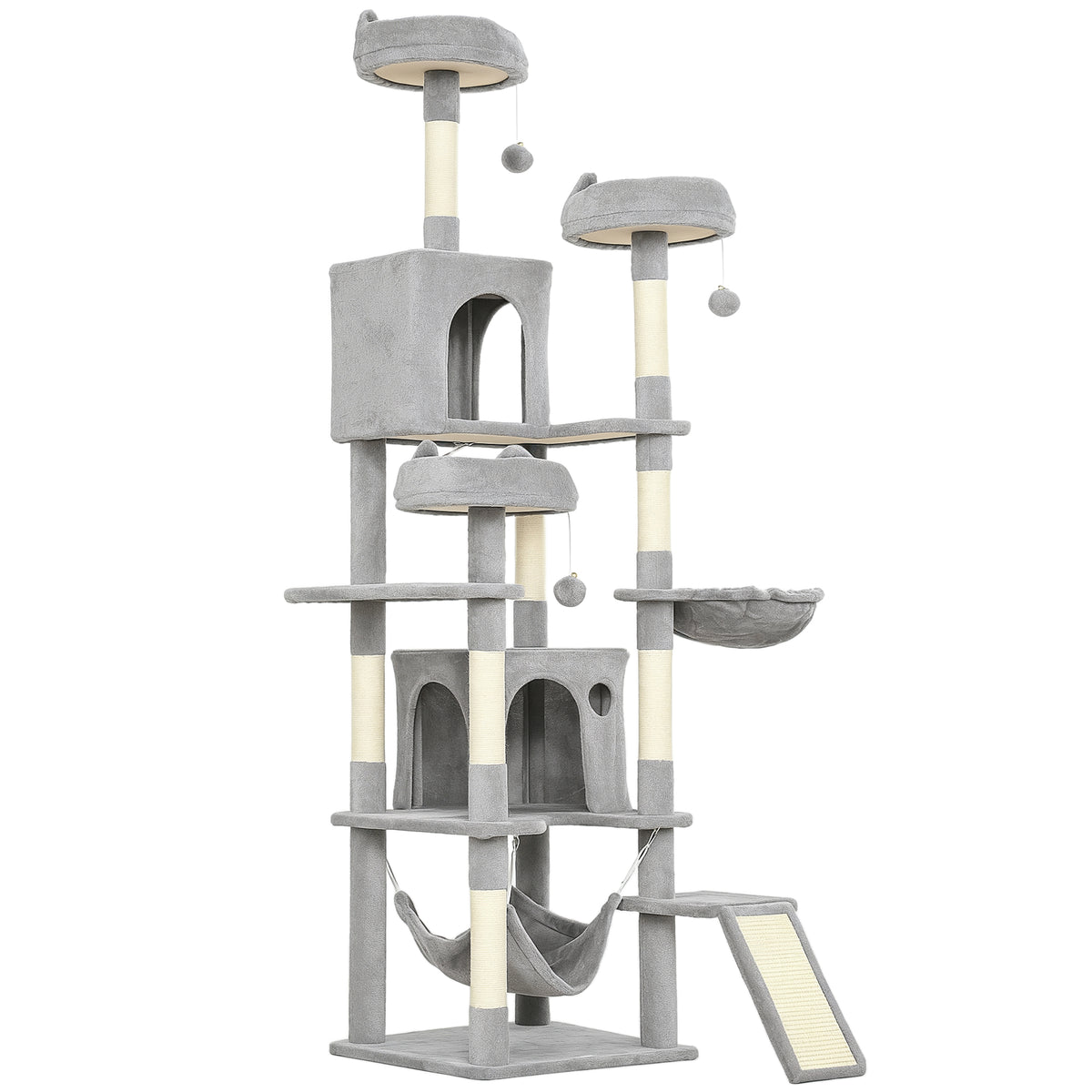 Krabpaal 192 cm kattentoren met grot, sisalstammen, groot platform, hangmatten en loopplank voor 2-3 katten