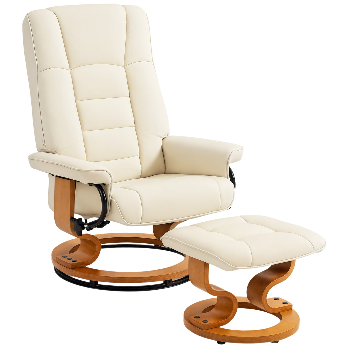 Relaxfauteuil met hocker, draaibaar & kantelbaar, kunstlederen bekleding, tot 150 kg, houten onderstel, crèmewit