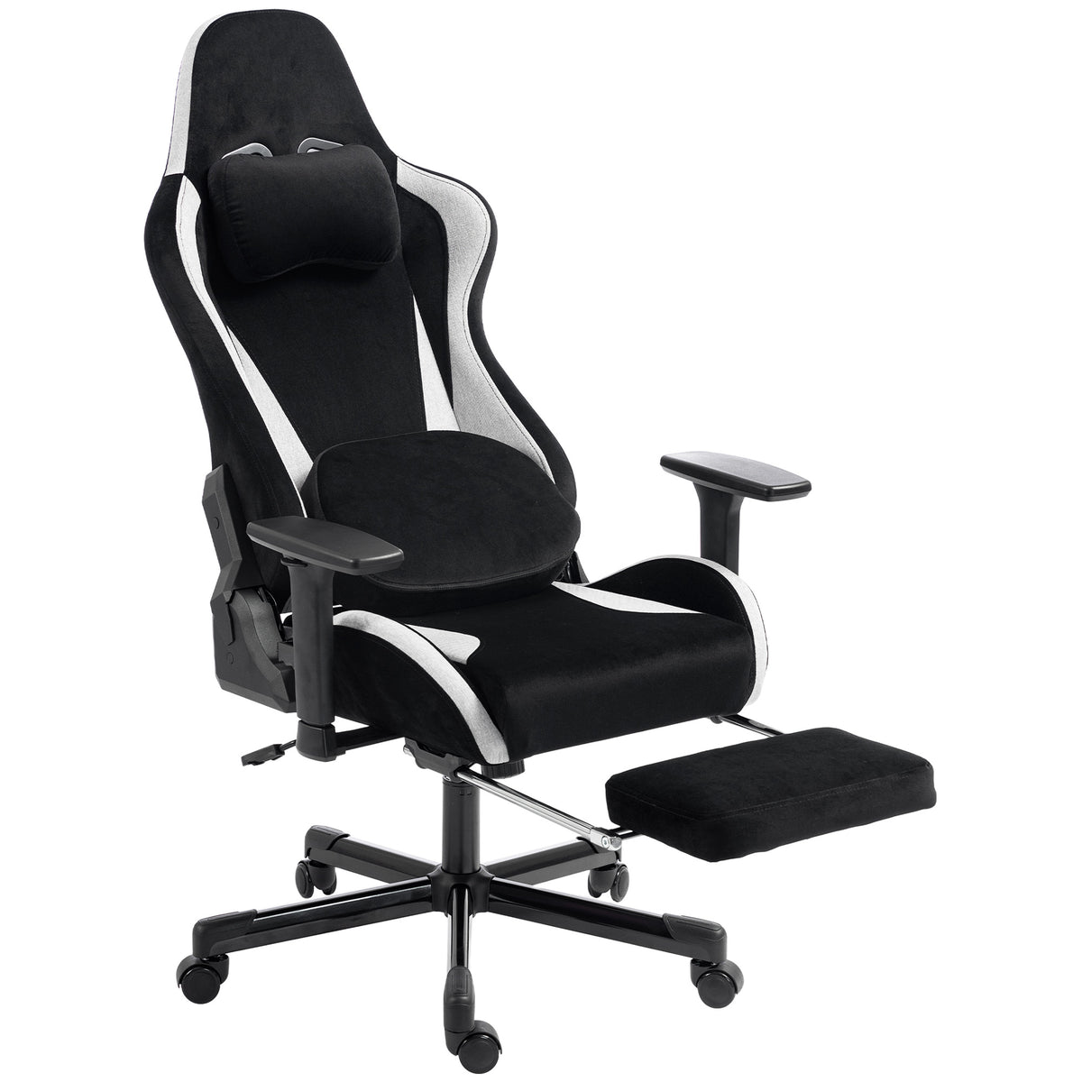 Gaming-stoel met massage- en verwarmd lendenkussen, ergonomisch, linnenlook, 3D-armleuningen, hoofdsteun, zwart