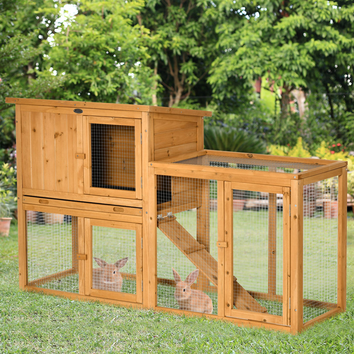 Knaagdierenhok met buitenren, uitneembare bodemplaat, weerbestendig, 141 cm x 60 cm x 86 cm, bruin (2)