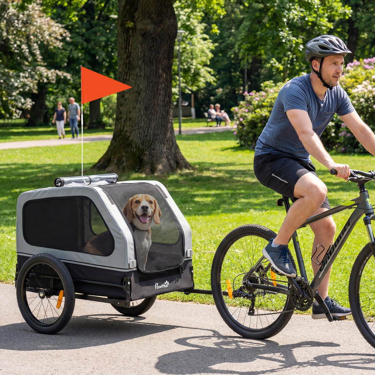 Opvouwbare fietsaanhanger voor middelgrote honden tot 20kg met neerklapbare oprijplaat, reflectoren, riem, vlag (2)