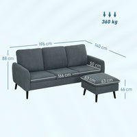 Hoekbank, 3-zitsbank met voetenbank, stoffen bekleding, L-vormige bankset, donkergrijs (3)