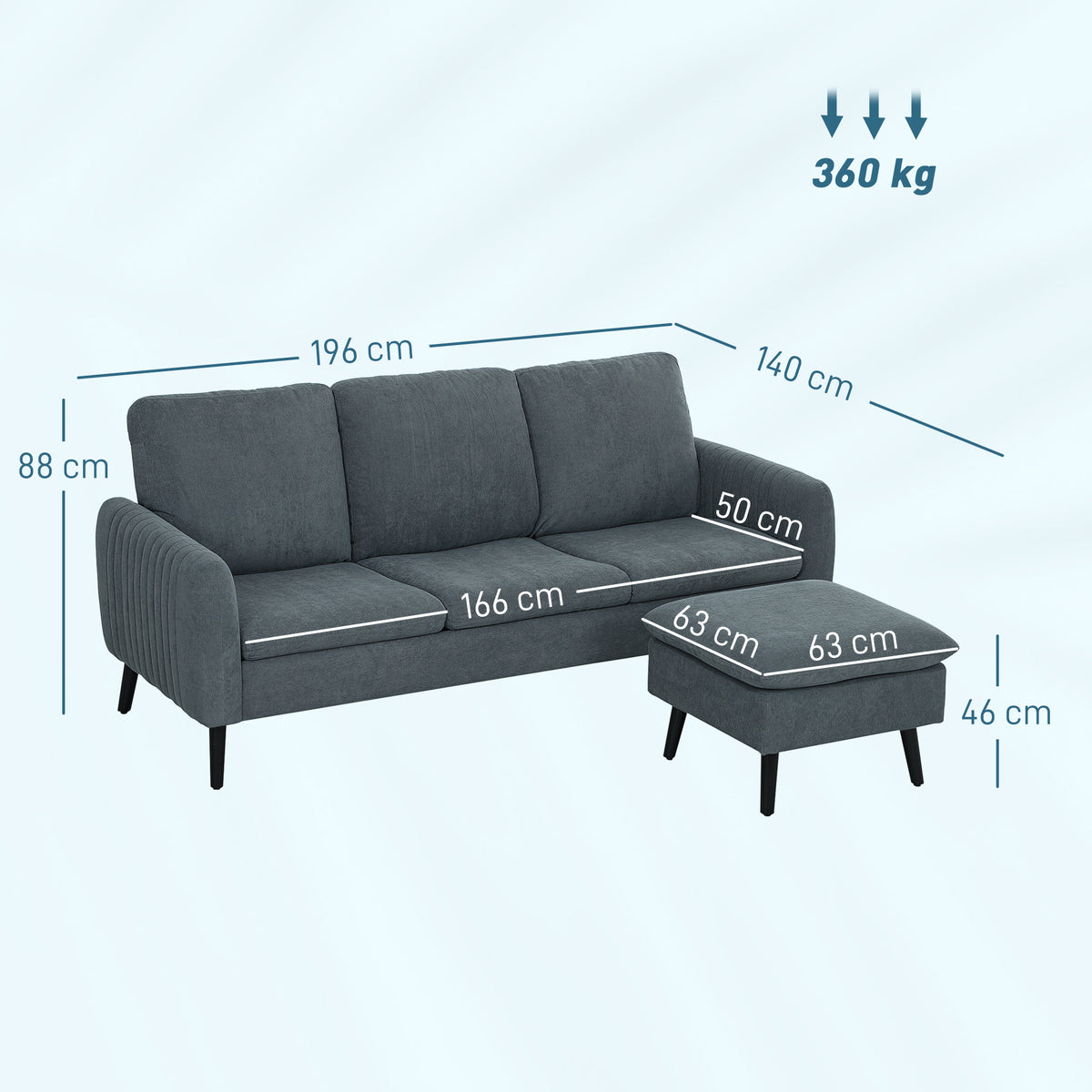 Hoekbank, 3-zitsbank met voetenbank, stoffen bekleding, L-vormige bankset, donkergrijs (3)