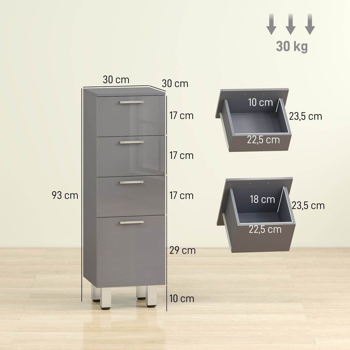 Badkamerkast, badkamermeubel, 4 lades, spaanplaat, glad, grijs (3)