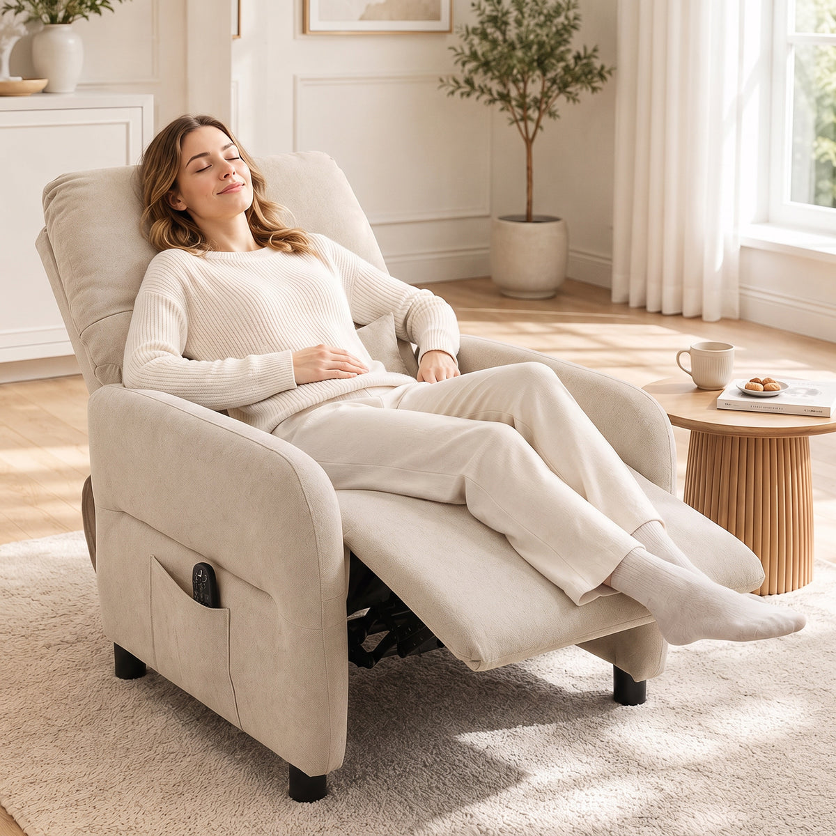 Relaxfauteuil met massage & warmte, ligfunctie, 2 zijvakken en uitschuifbare voetensteun, beige (2)