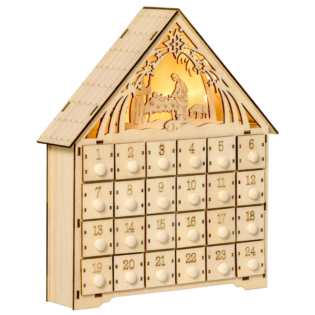 Adventskalender met ledverlichting, 24 lades, kerststal, 26,6x6x30 cm, houtlook