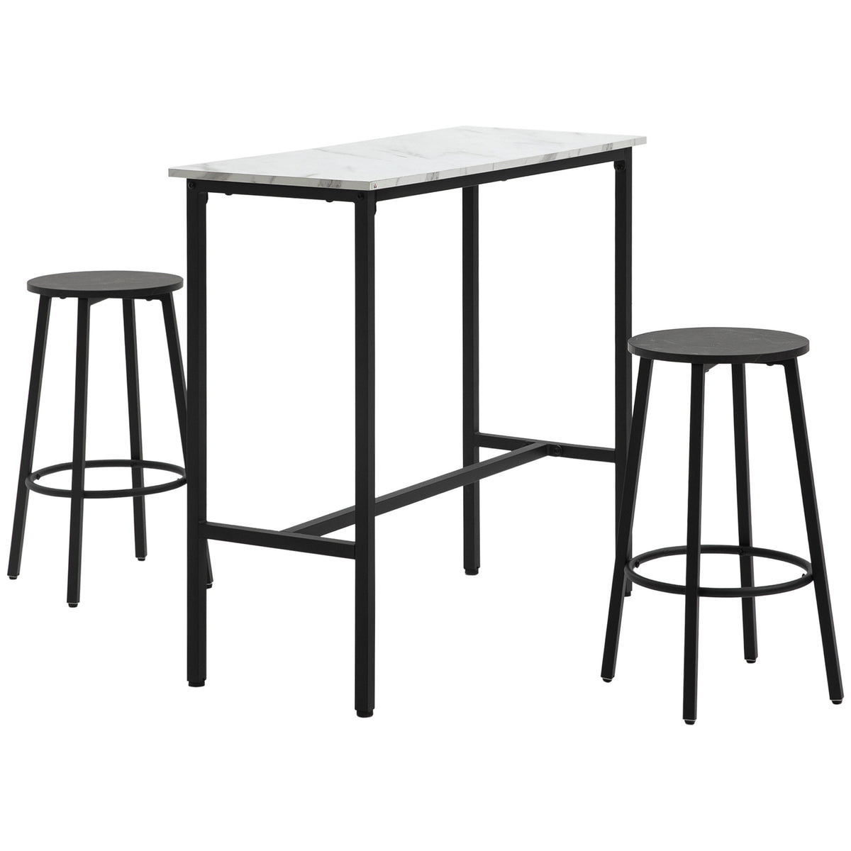 Barset voor 2 personen, 1 tafel met 2 barkrukken, tafelblad in witte marmerlook, stalen frame