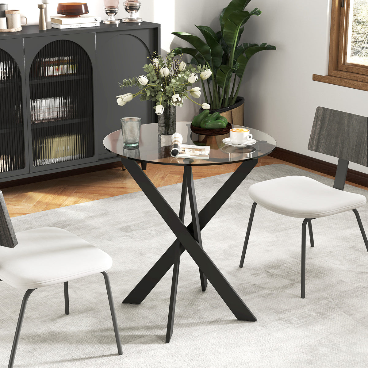 Moderne glazen eettafel, 70 cm diameter, keukentafel met gehard glazen blad en metalen poten, voor 4 personen (2)