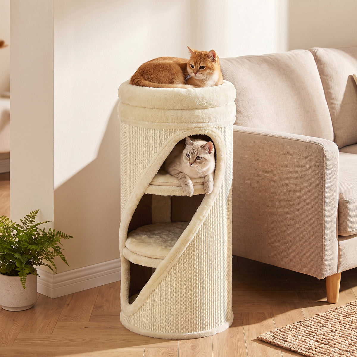 Krabton 75 cm hoog Ø 35 cm 4-traps kattenton met 3 holen, afneembaar wasbaar pluche bed sisal-kraboppervlak (10)