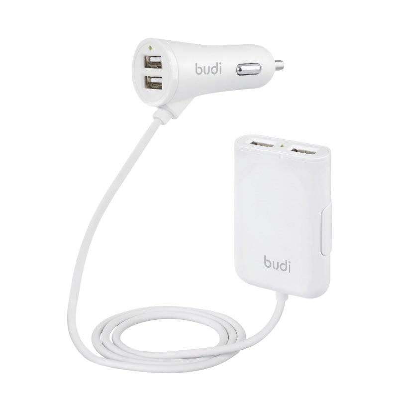 Budi - Autolader 4x USB, 41W + verdeelkabel 1,8 m (wit)
