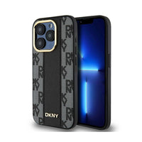 DKNY lederen hoesje met geruit monopatroon en MagSafe - iPhone 15 Pro (Zwart)