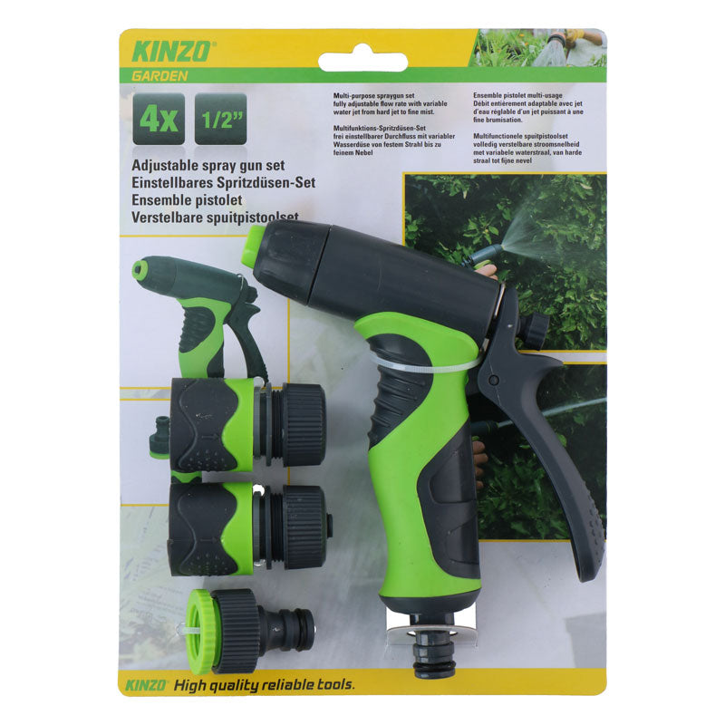 Kinzo - Besproeiingsset voor de tuin, spuitpistool met debietregeling plus 1/2" koppelingen (4 stuks)