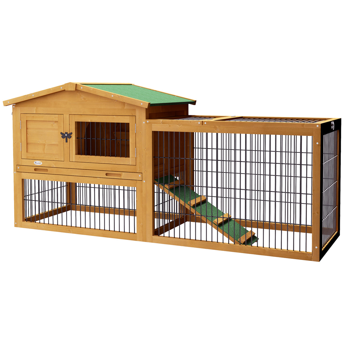 Konijnenhok 2 verdiepingen konijnenstal dennenhout winterhard dubbeldeks huis met uitloopren oprit 150x52x68 cm