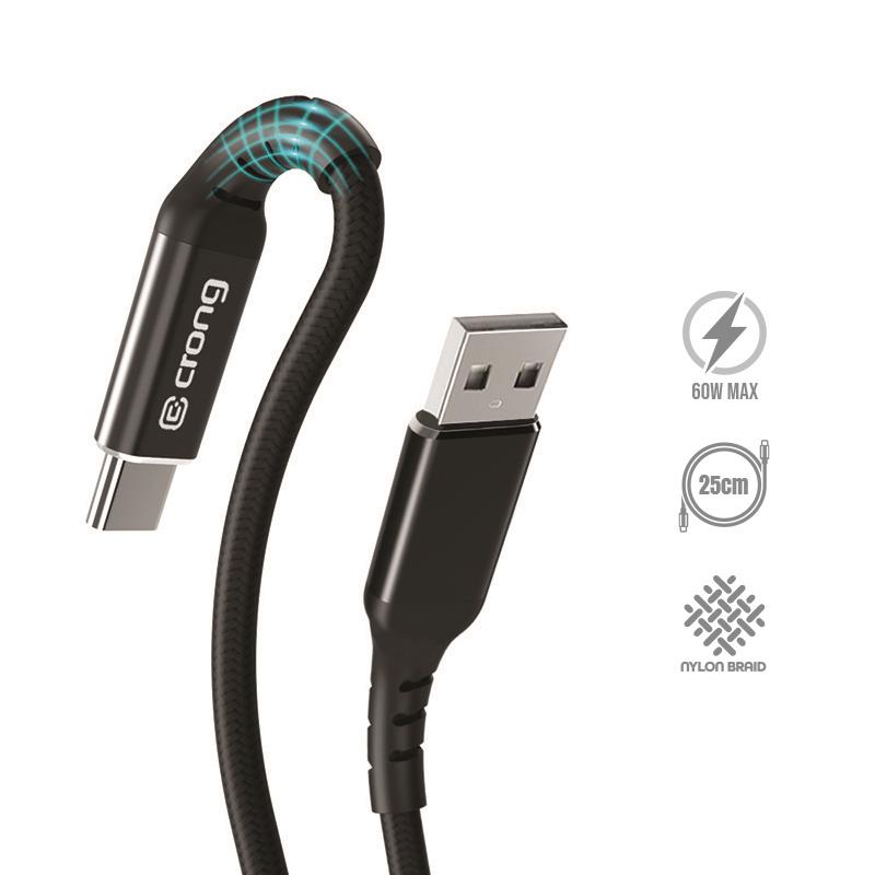 Crong Armor Link - 60W PD 3A USB-A naar USB-C kabel 25cm (zwart)