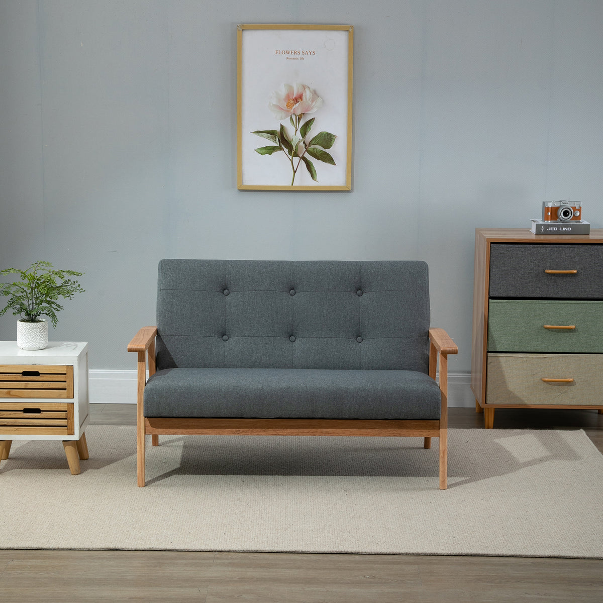 2-zitsbank, 115 cm bank met armleuningen, rugleuning, kleine gestoffeerde bank met linnenlook, houten poten (2)