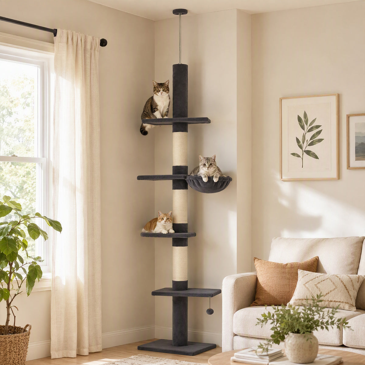 Krabpaal plafondhoog 225-255 cm in hoogte verstelbaar krabpaal met 5 verdiepingen, 3 sisal-krabstammen, hangmat (2)
