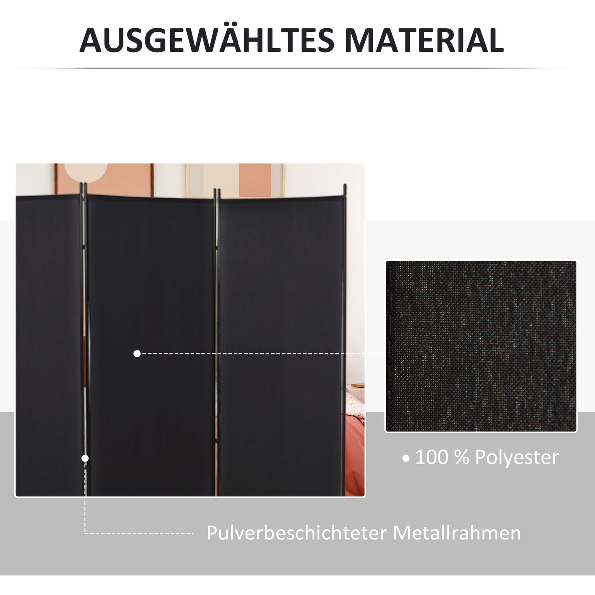 Ruimteverdeler, 3-delig privacyscherm, scheidingswand met metalen frame, zwart (5)