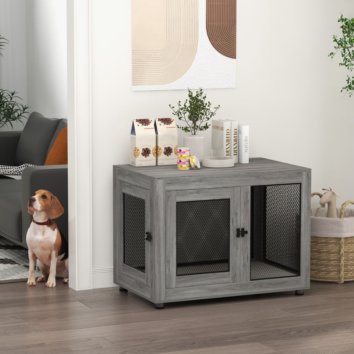 Hondenbench, puppybench, met opbergruimte, waterafstotend kussen, stalen rooster, verstelbare pootjes, 94x60x71 (2)