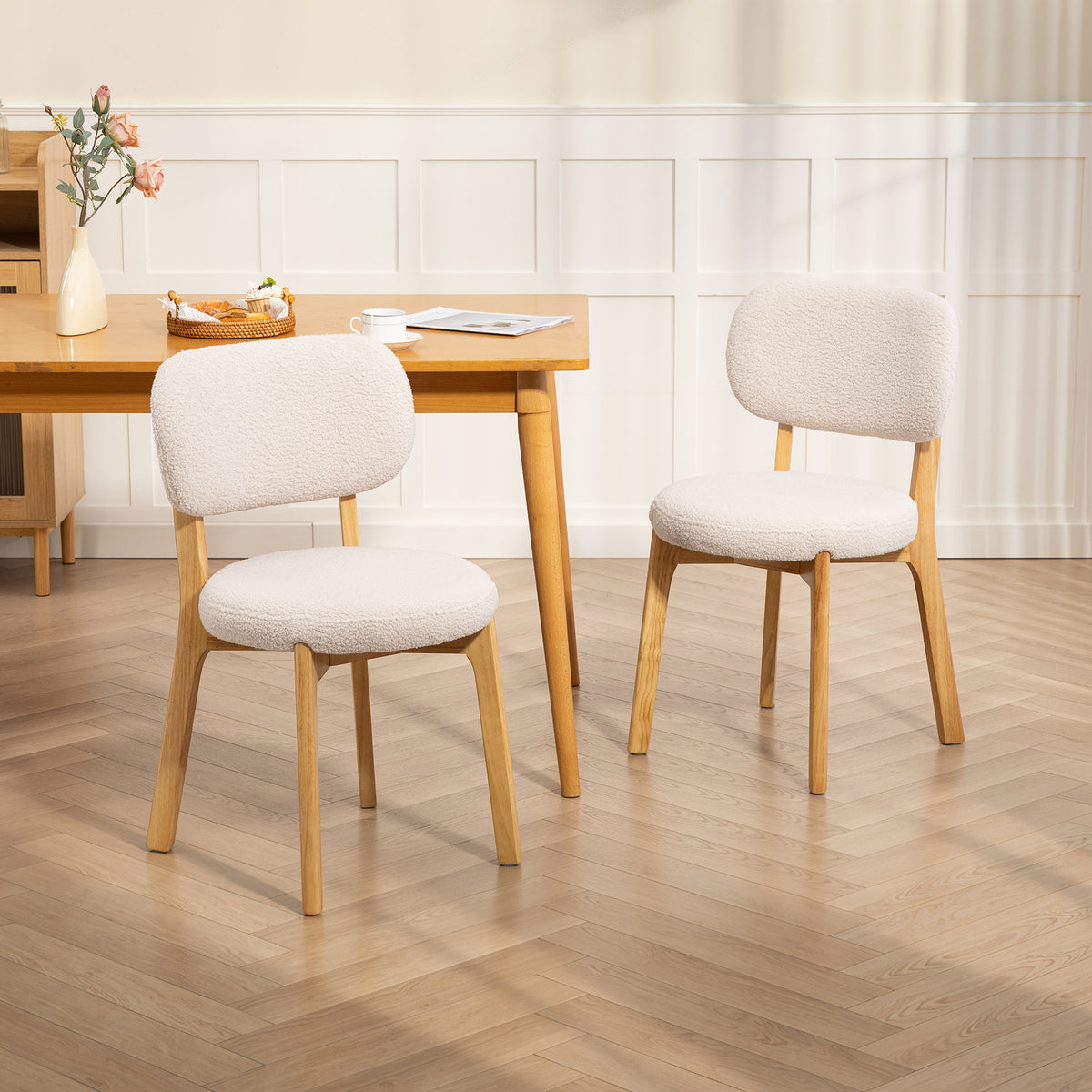 Eetkamerstoelen set van 2, keukenstoel met brede zitting, gebogen rugleuning, voor woonkamer, eetkamer, crème (2)