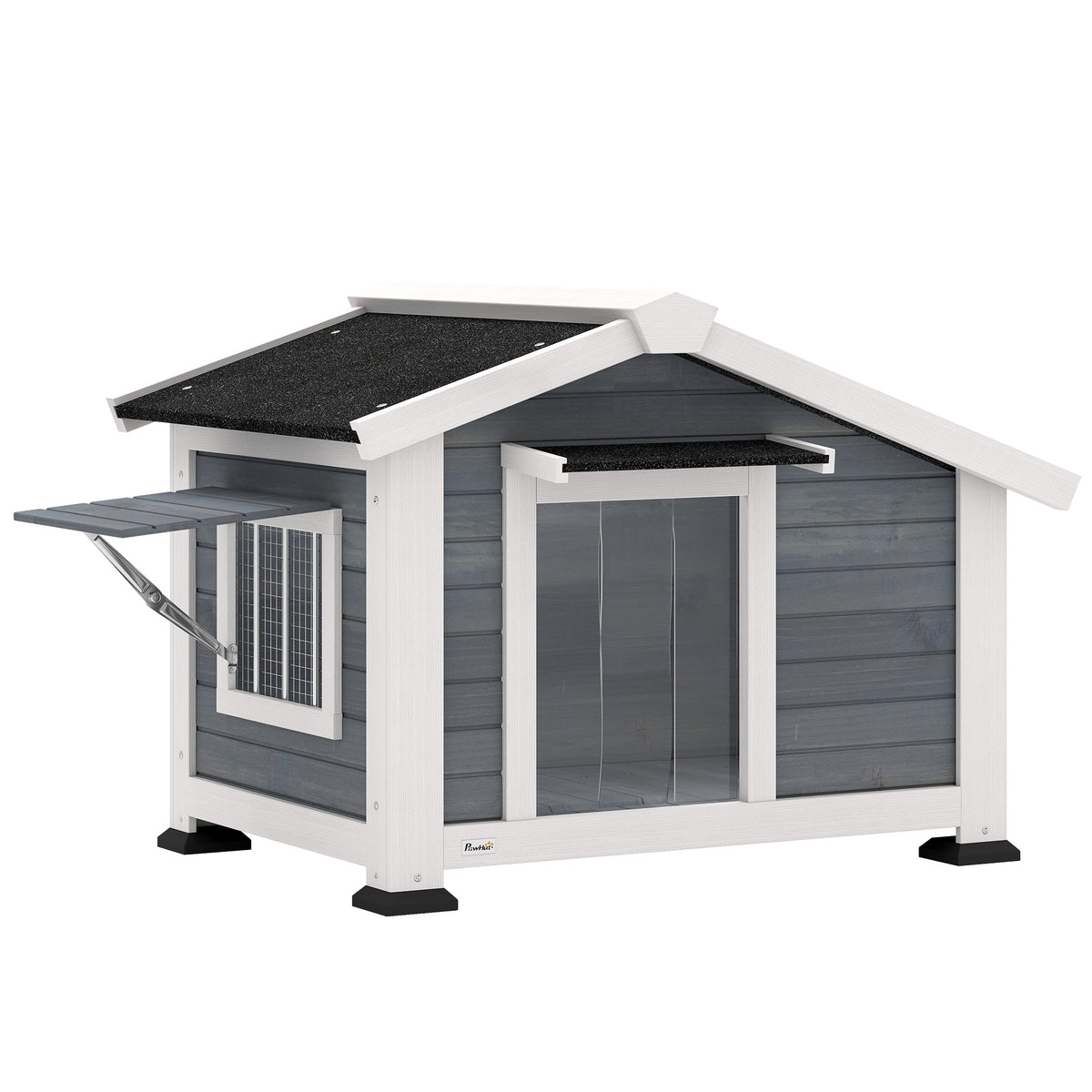 Hondenhok weerbestendig houten hondenhuis met uitneembare bodem asfalt dak openstaand raam 98x76x69,5 cm grijs