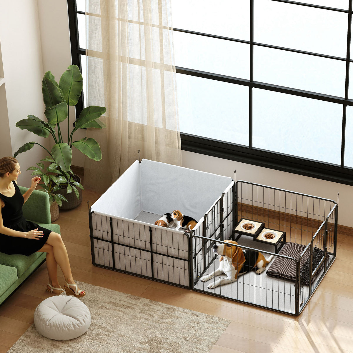 Werpkist voor puppy's, werpbox puppyren met 7 panelen, 2 zones, wasbare werpmat, 203x102x60cm zwart (2)