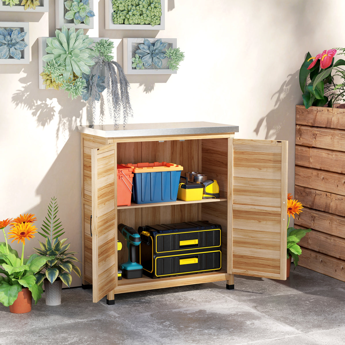 Tuinkast met interne plank en werkbank, van vurenhout en verzinkt staal, 79x43x92 cm, houtkleur (2)