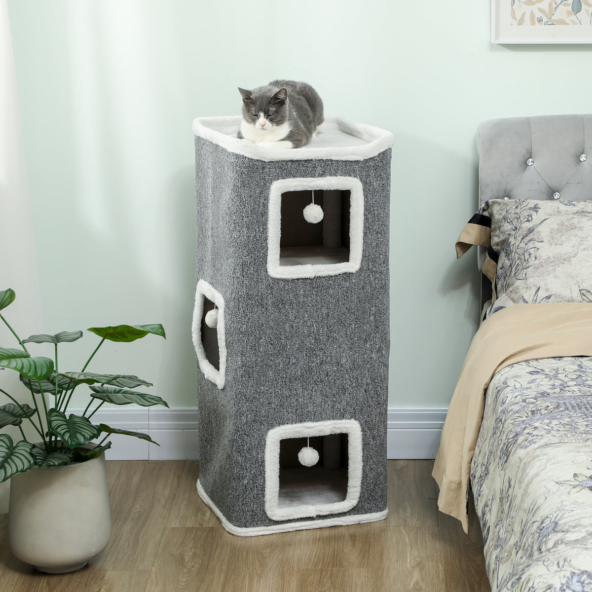 4-traps kattentoren, krabpaal met 3 grotten, spaanplaat, speelballen, grijs (2)