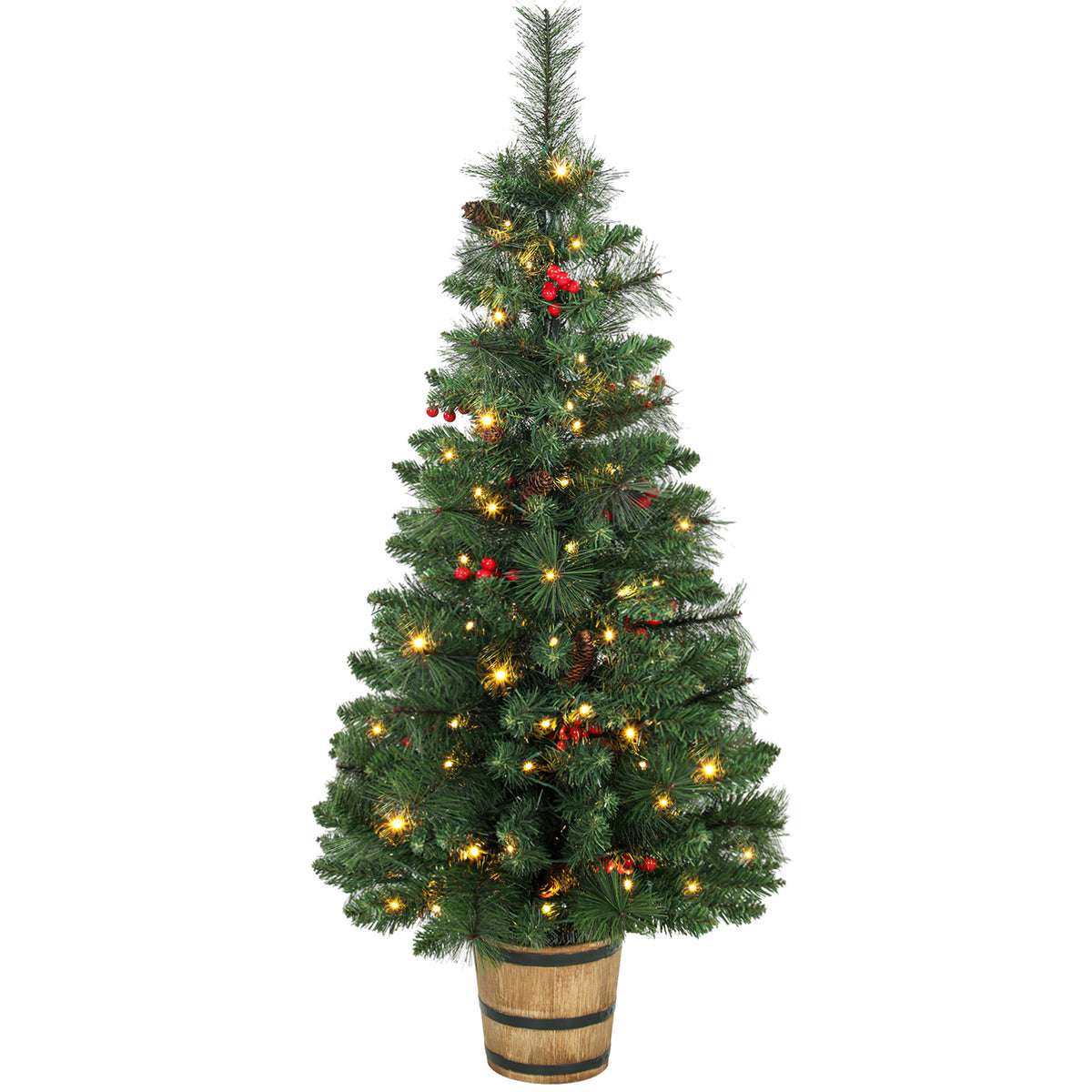 Kunstkerstboom, 120 cm kerstboom met 100 ledlampjes, 131 takpunten, bessen, 2 lichtkleuren, afstandsbediening