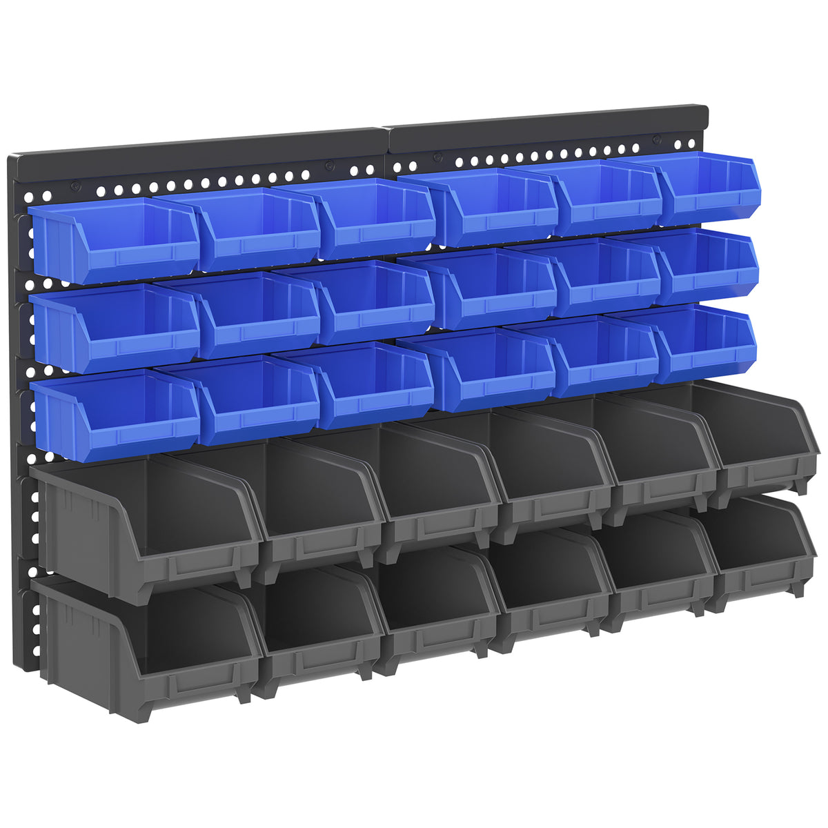 Bakkenrek, werkplaatsmagazijn, 30 bakken in 2 maten, stapelbaar, 63x18x37,5cm, blauw
