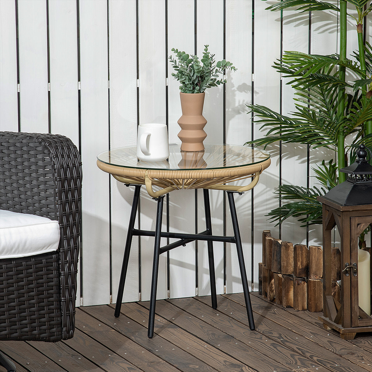 Tuintafel in boho-stijl, PE-rotan, gehard glas, weerbestendig, 50 cm x 50 cm x 50 cm, beige (2)
