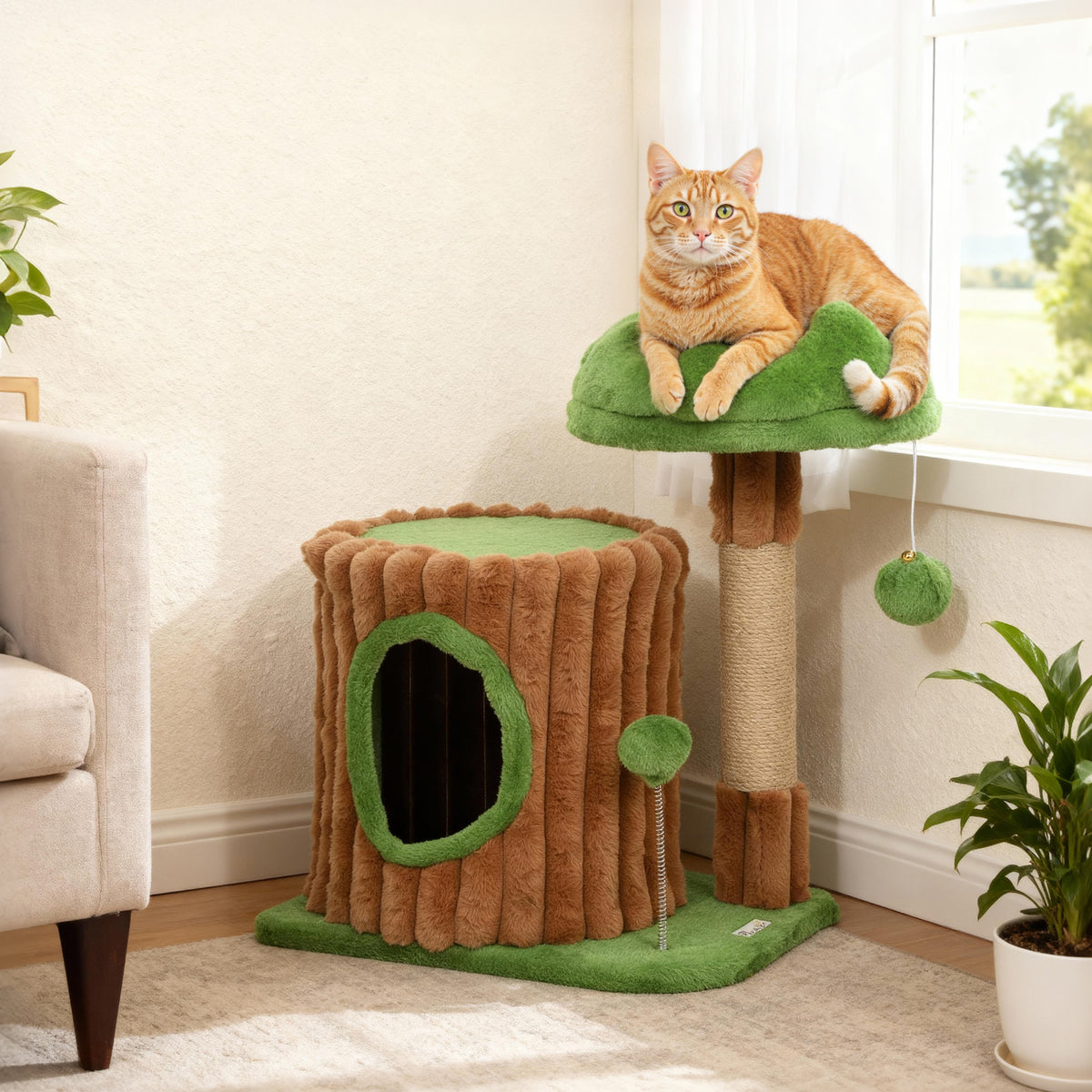 Krabpaal 53 cm hoog, kattenboom met grot, boomstam-design, jutestammen, 2 ballen voor 1-2 katten onder 5 kg (2)