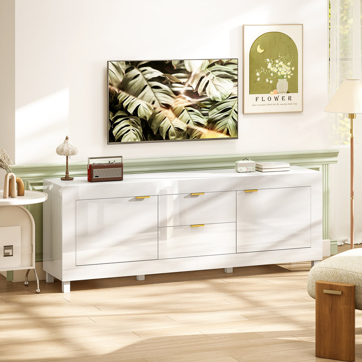 TV-meubel voor televisies tot 75 inch, modern entertainmentcenter met 2 kastjes en 2 lades, hoogglans wit (2)
