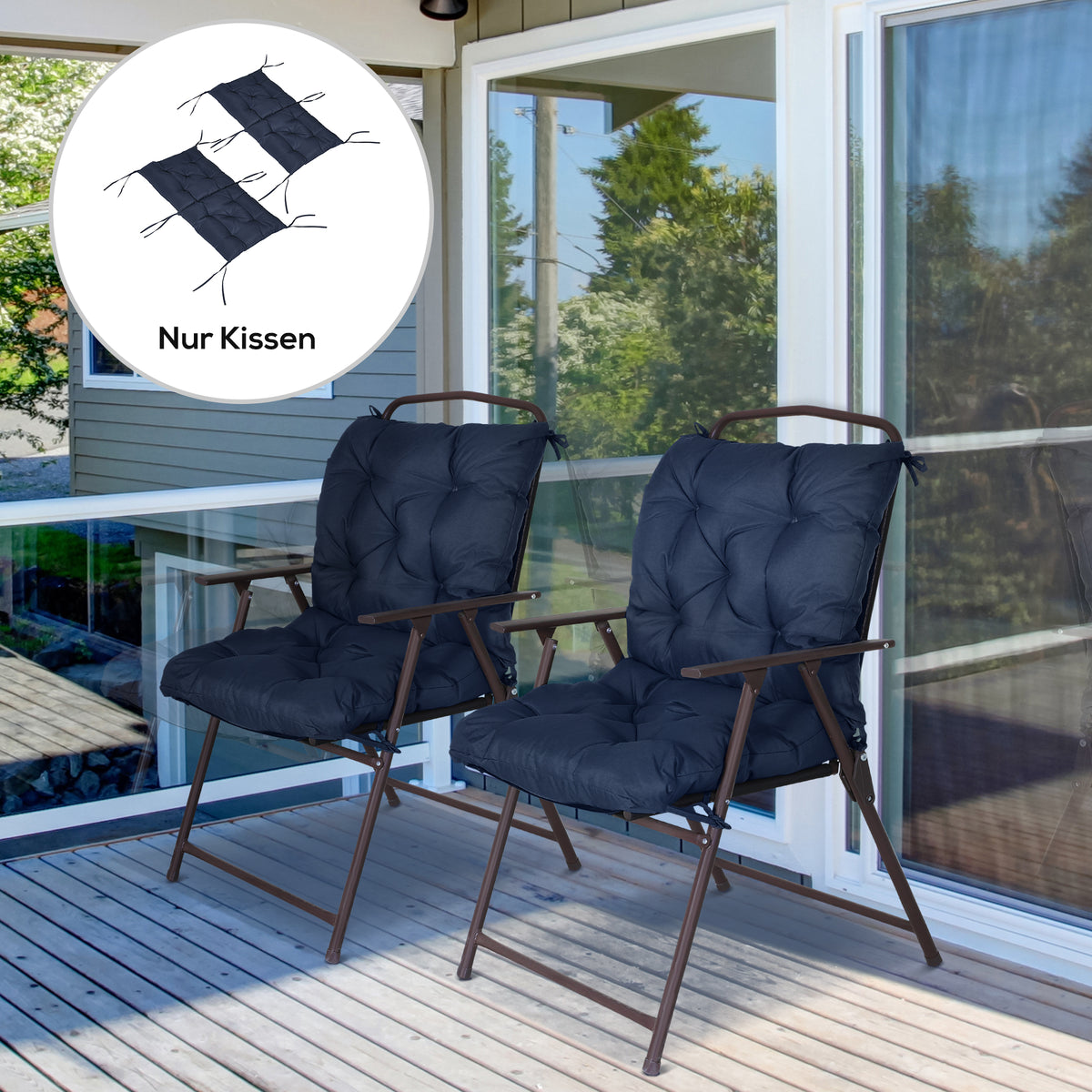 Set van 2 zitkussens, 98 x 50 cm stoelkussens met bevestigingslinten, stoffen bekleding, 8 cm dik donkerblauw (2)