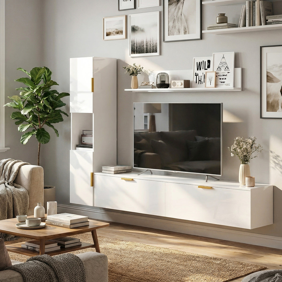 Zwevend tv-meubel met klepdeuren entertainment-center wandplank kast 180 cm hoogglans wit (2)