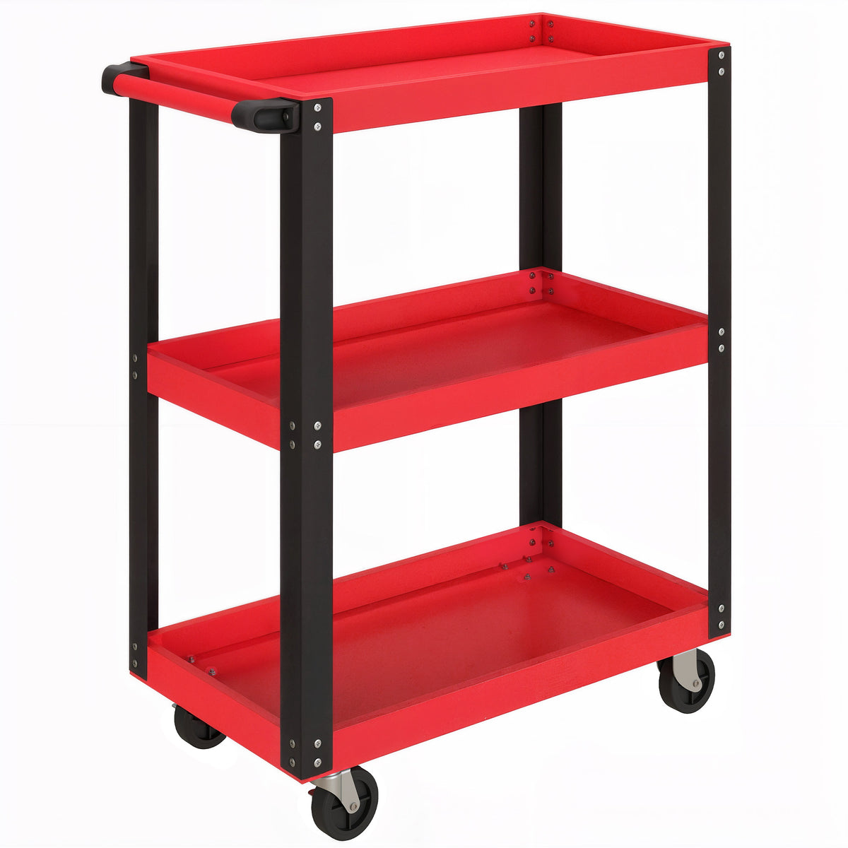 Gereedschapswagen met 3 niveaus, metalen frame, 120 kg draagvermogen, wielen, handgreep, rood