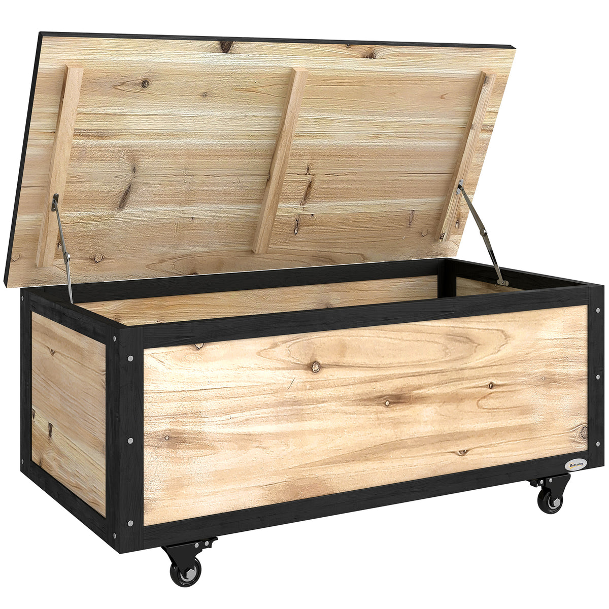 Tuinopbergbox, 121 liter, 2 wielen, weerbestendig, metalen scharnieren, natuurlijk hout, 100x50x43 cm