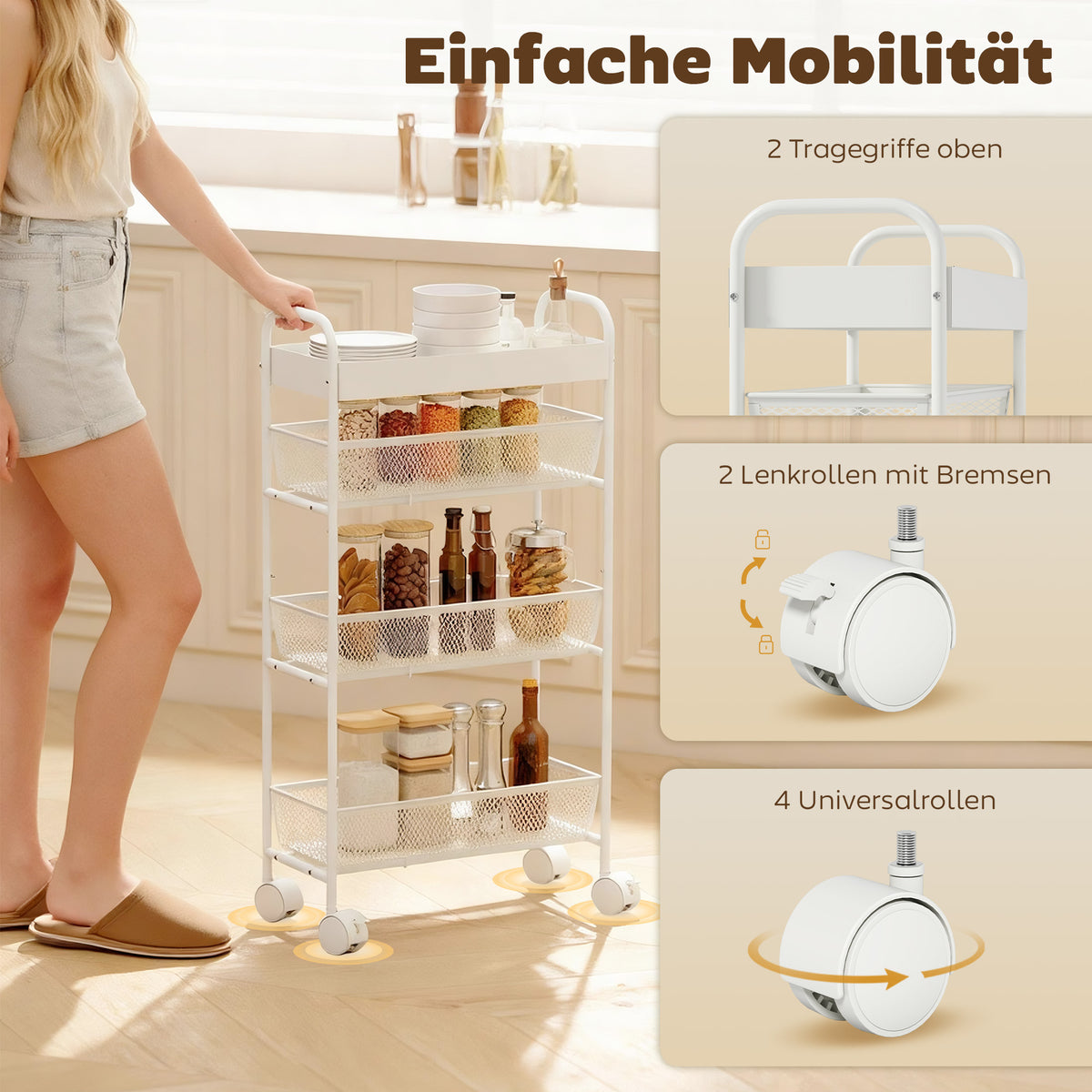 Keukenwagen van metaal, 3 manden, smal design, 4 wielen, voor keuken, woonkamer, badkamer, wit (7)
