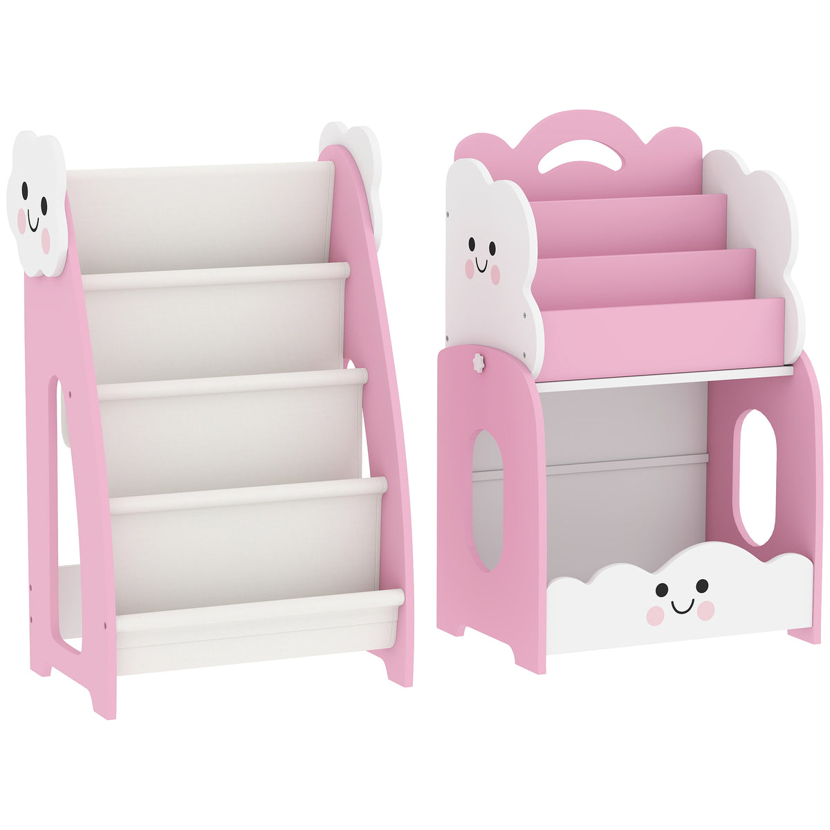 3-in-1 kinderrek met speelgoedopslag, modulair boekenrek met 4 vakken & 3 niveaus en nachtkastje, roze