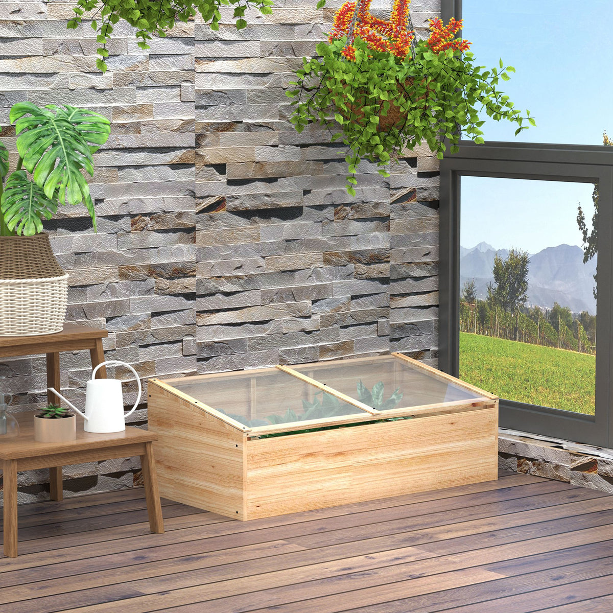 Houten broeikas kweekbak kweekkas tuin- & plantenbak-systeem voor tuin balkon, 100 x 50 x 35 cm, natuur (2)