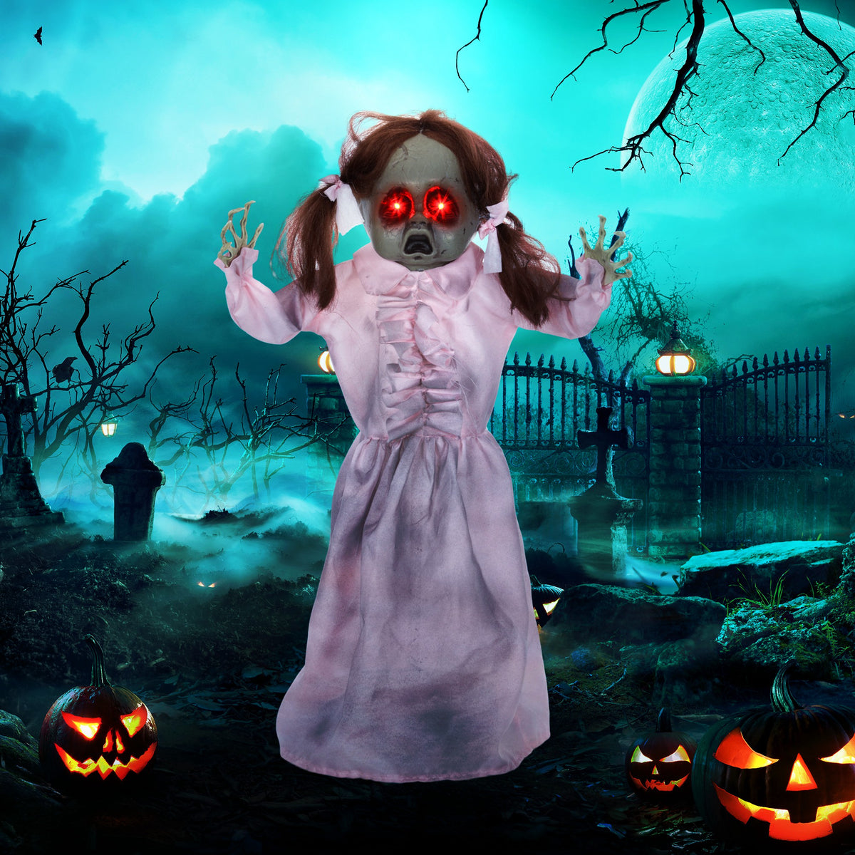 Horrorpop, Halloweendecoratie, geactiveerd door geluid/aanraking, rode ogen, geluid, 76 cm (2)
