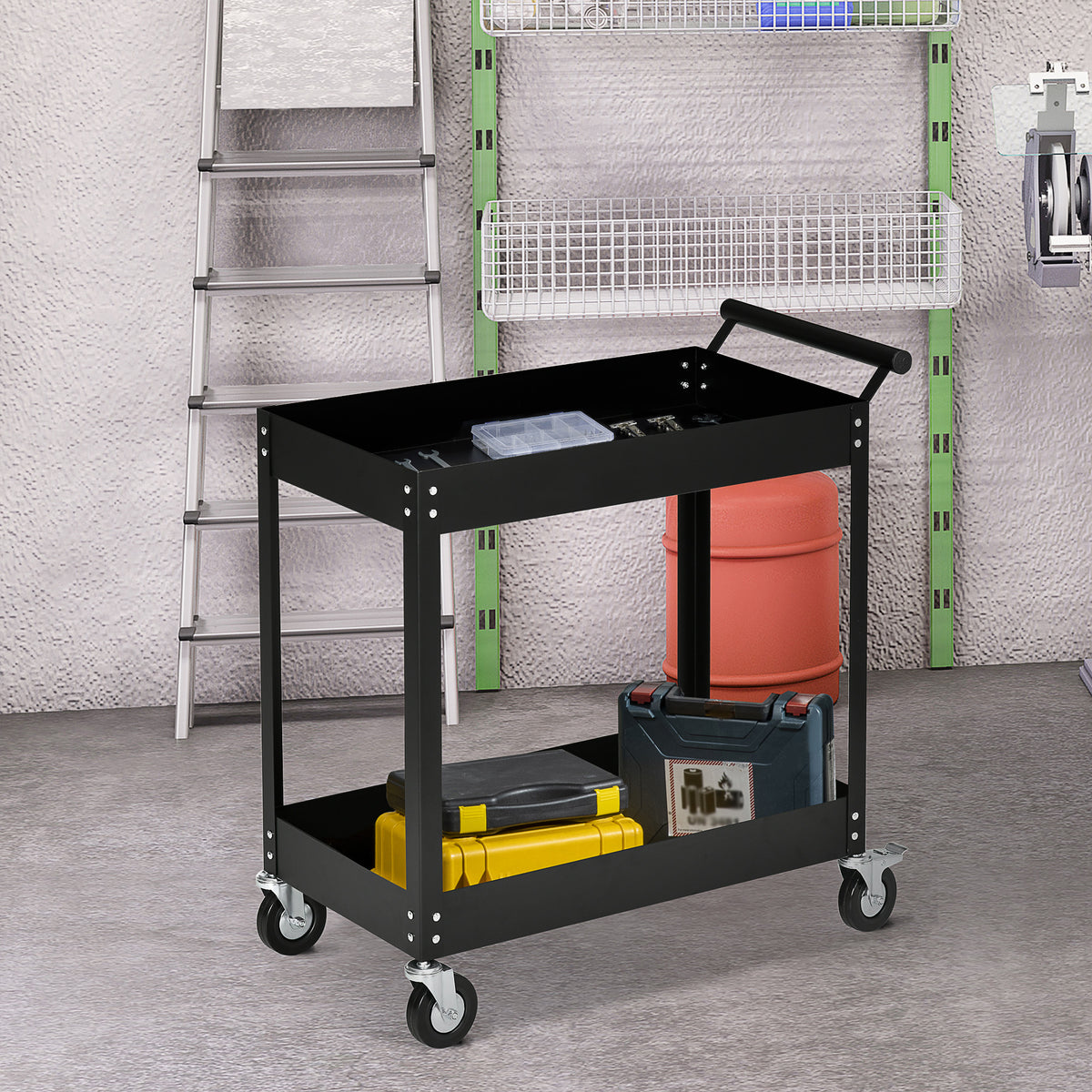 Werkplaatswagen, 2 etages, kruiwagen, 4 wielen, staal, tot 150 kg, 84,5 x 38 x 84 cm, zwart (2)