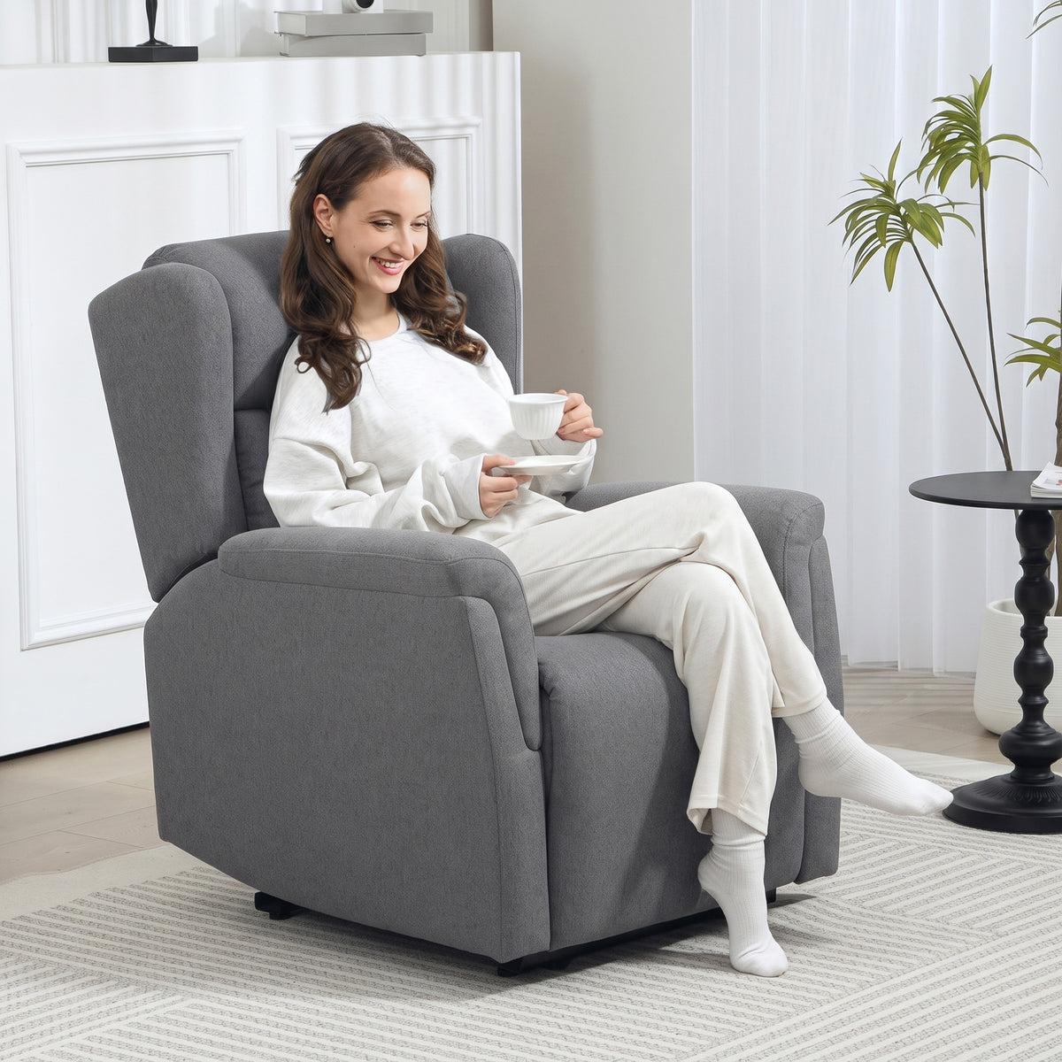 Relaxfauteuil, verstelbare gestoffeerde fauteuil met voetensteun, 160° kantelbaar, linnenlook, snelle montage (2)