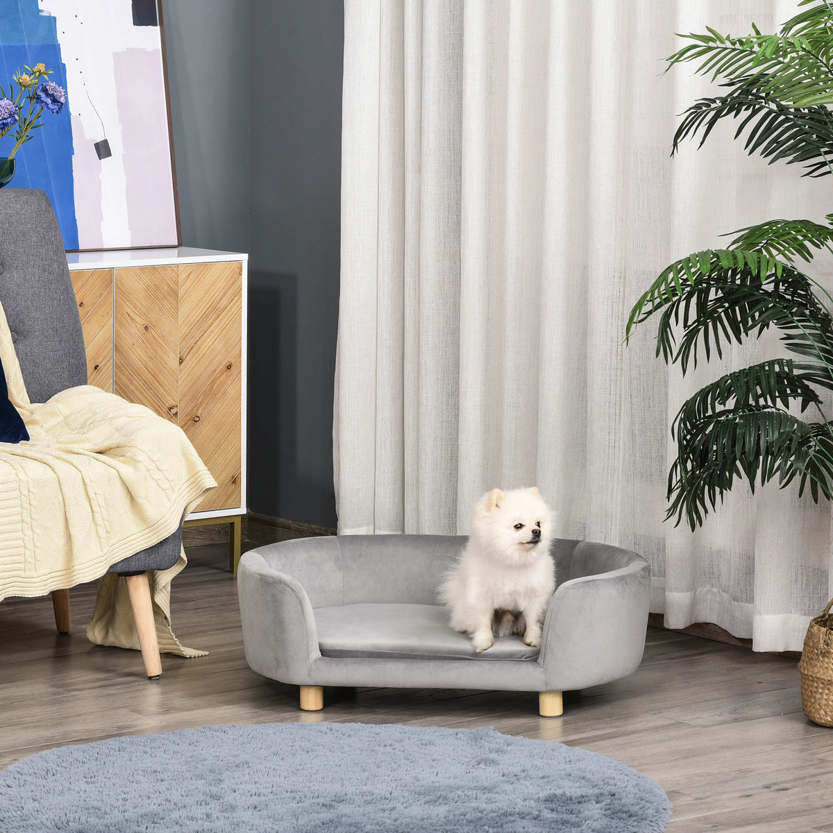 Huisdiersofa hondenbank hondenmand met fluweel, schuimrubber en berkenhouten poten voor katten en honden 86 x 55 (2)
