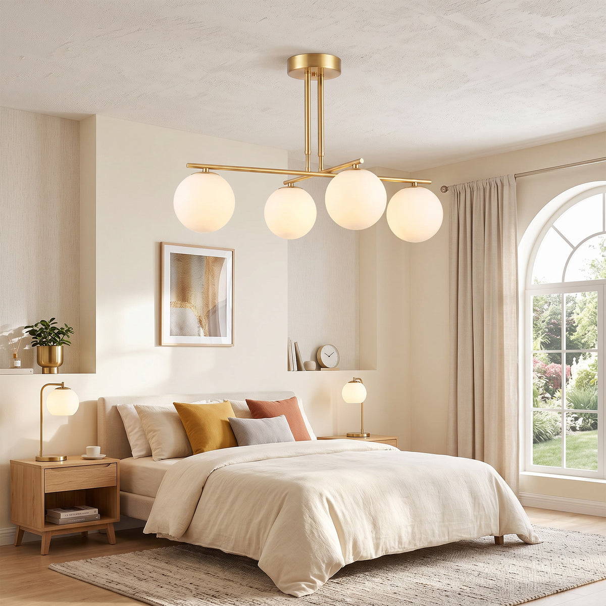 Moderne hanglamp met 4 bolvormige kappen, in hoogte verstelbaar en 350° draaibaar, wit (2)