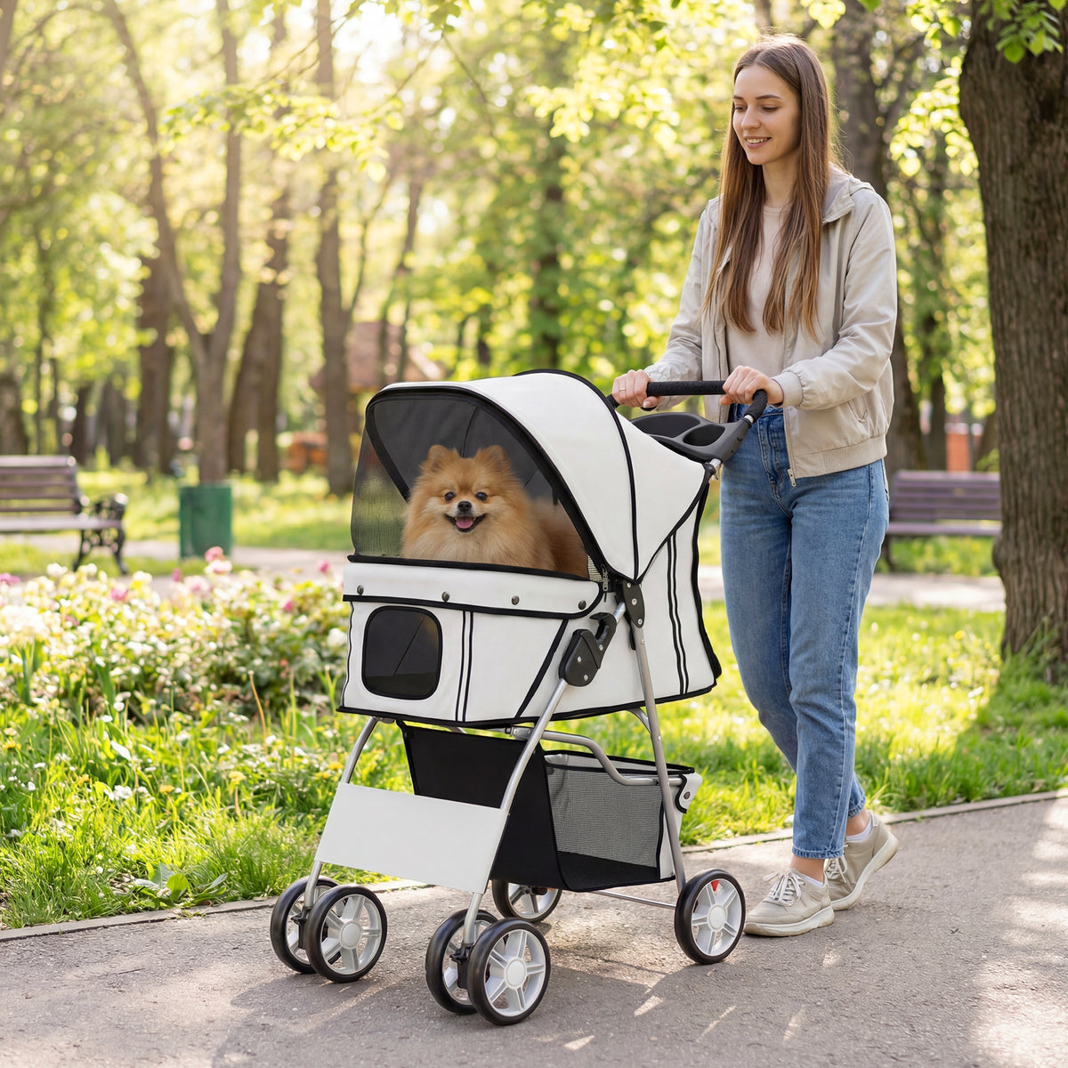 Opvouwbare hondenbuggy met reflecterende strips, opbergmand en kussen voor kleine honden tot 10 kg, 77x44x102 cm (2)
