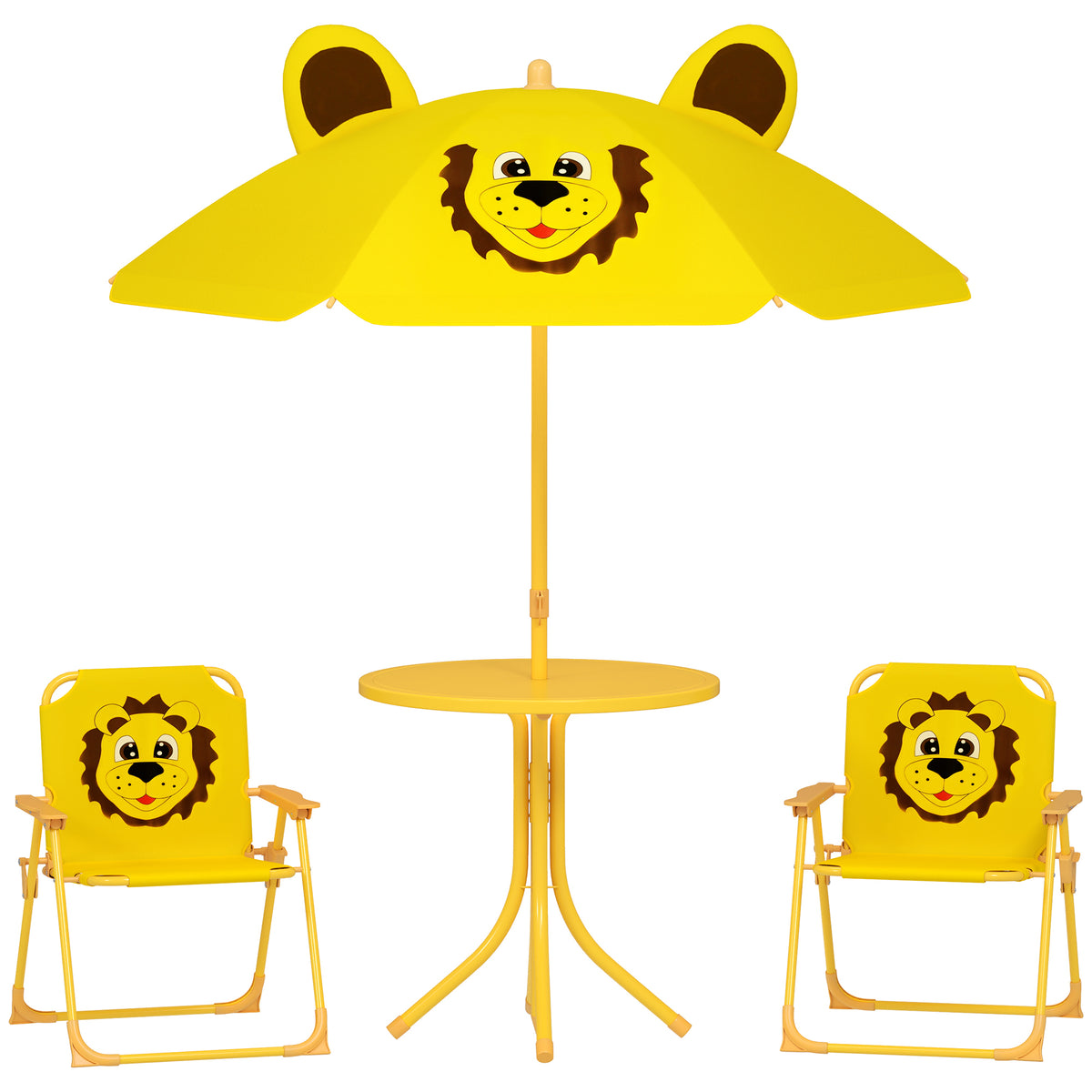 Tuinmeubelset voor kinderen, stoelen, tafel, parasol, leeuwendesign, geel